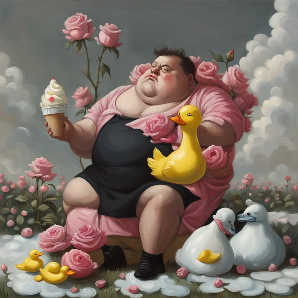 A fat man wearing a Balenciaga dress is sitting in a field of pink roses next to yellow plastic ducks and eating ice cream. 19th painiting