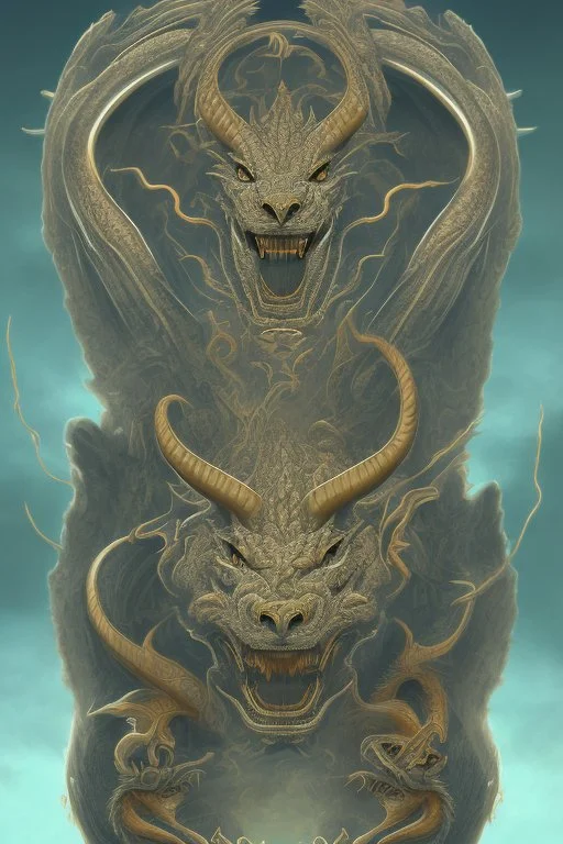 A three-headed dragon. The head on the left is the head of a lion, the head in the middle is the head of a man, and the head on the right is the head of a bull