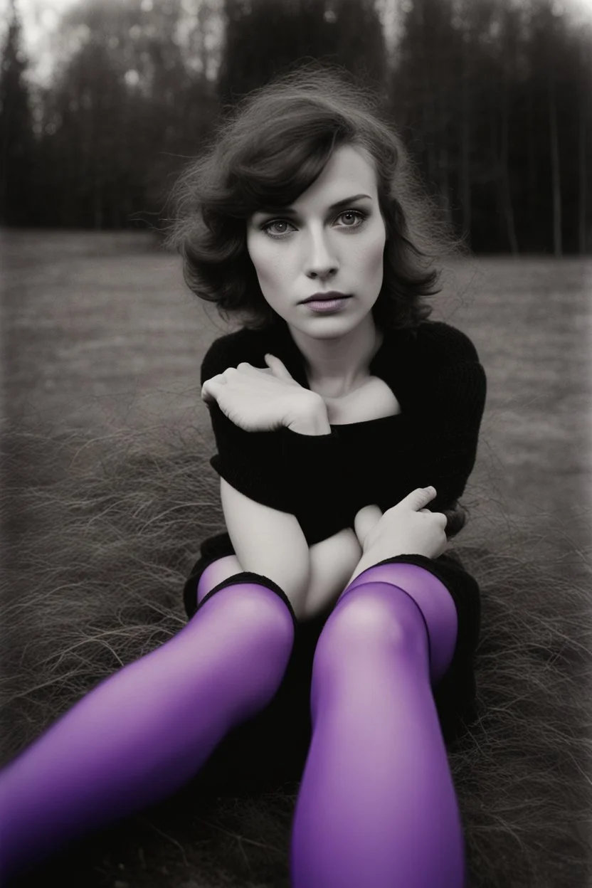 Fine art photography. Artistic photo of a young Polish woman wearing only violet stockings taken with a Mamiya M645 camera with a portrait lens on classic Ilford medium-format film, contrast light, high-key