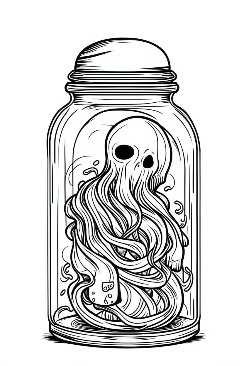 spooky ghost stuck in the jar idea, line art, background, vector, svg, black outline on white background, leave plenty of white space beetween lines for coloring, tattoo style, tattoo idea,full body, minimalist