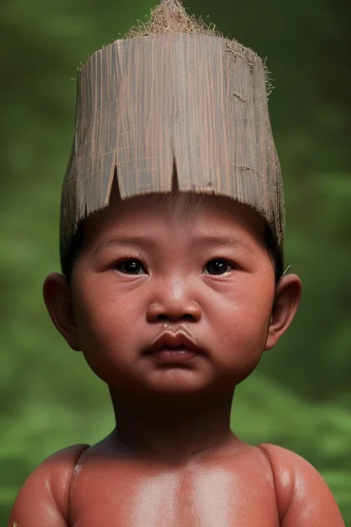 Thailand baby head portrait, warrior costume, village, meditation, woods, cyberpunk, 8k quality