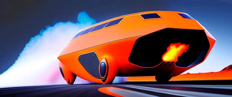 award winning car and driver photograph of a futuristic station wagon designed by only one vehicle per image painted metallic orange traveling at a high rate of speed, jet intake off of front center of vehicle and jet exhaust out the rear with bright blue flame, bilaterally symetrical, more a high speed road vehicle