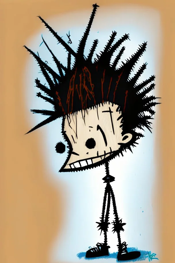 2d drawing of a stickman, cool with punk hair, x eyes like hangman, back side view,smiling,close-up ,3d realistic in colour