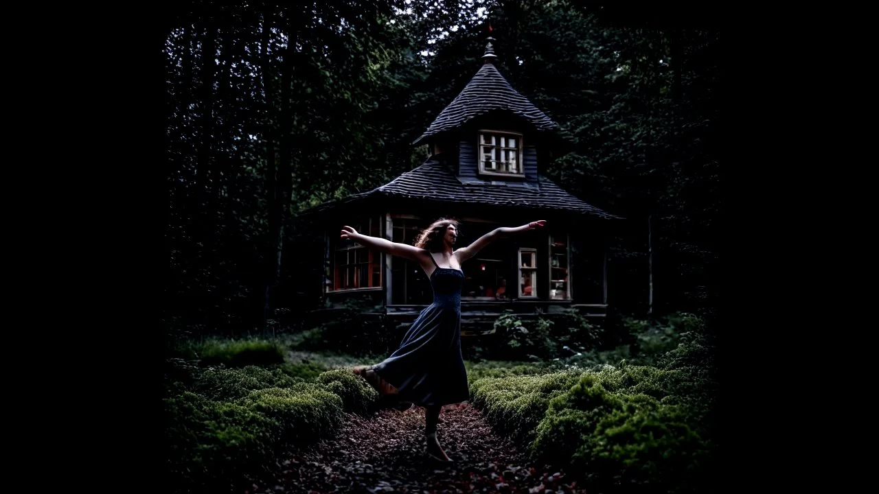 slim nymph dancing in a woodland clearing, with a gothic woodland house behind her.