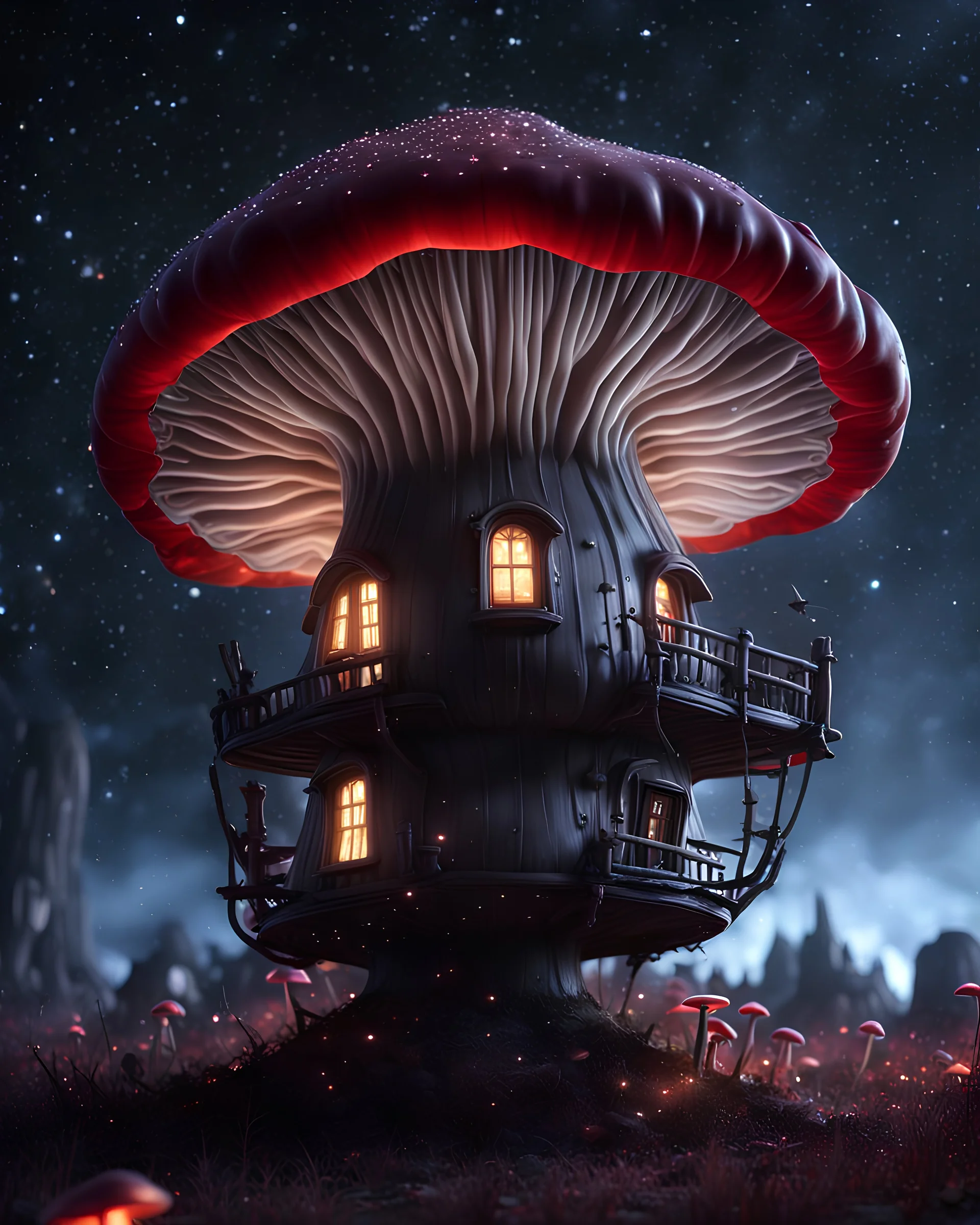 An illogically floating mushroom house on a clear night. white black, Stars Dark cosmic interstellar. Detailed Matte Painting, deep color, fantastical, intricate detail, splash screen, hyperdetailed, insane depth, concept art, 8k resolution, trending on Artstation, Unreal Engine 5, color depth, backlit, splash art, dramatic, High Quality Whimsical Fun Imaginative Bubbly, perfect composition