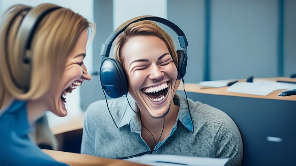 customer laughing while while using phone headset