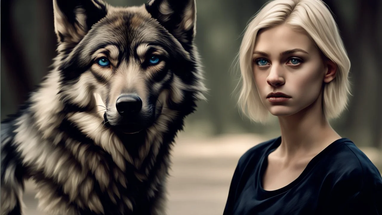 ultra realistic photograph of a very thin young woman with short blonde hair and blue eyes wearing a loose black teeshirt facing a large black wolf