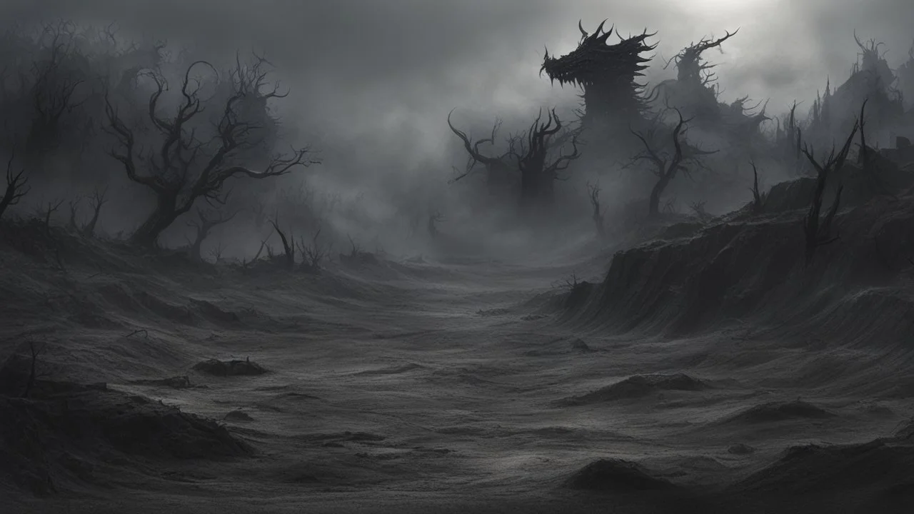 an apocalyptic flat landscape covered in dark gray dust. dead sun. zombie dragon. dark grey mist. seen from the ground. fantasy, horror. no trees