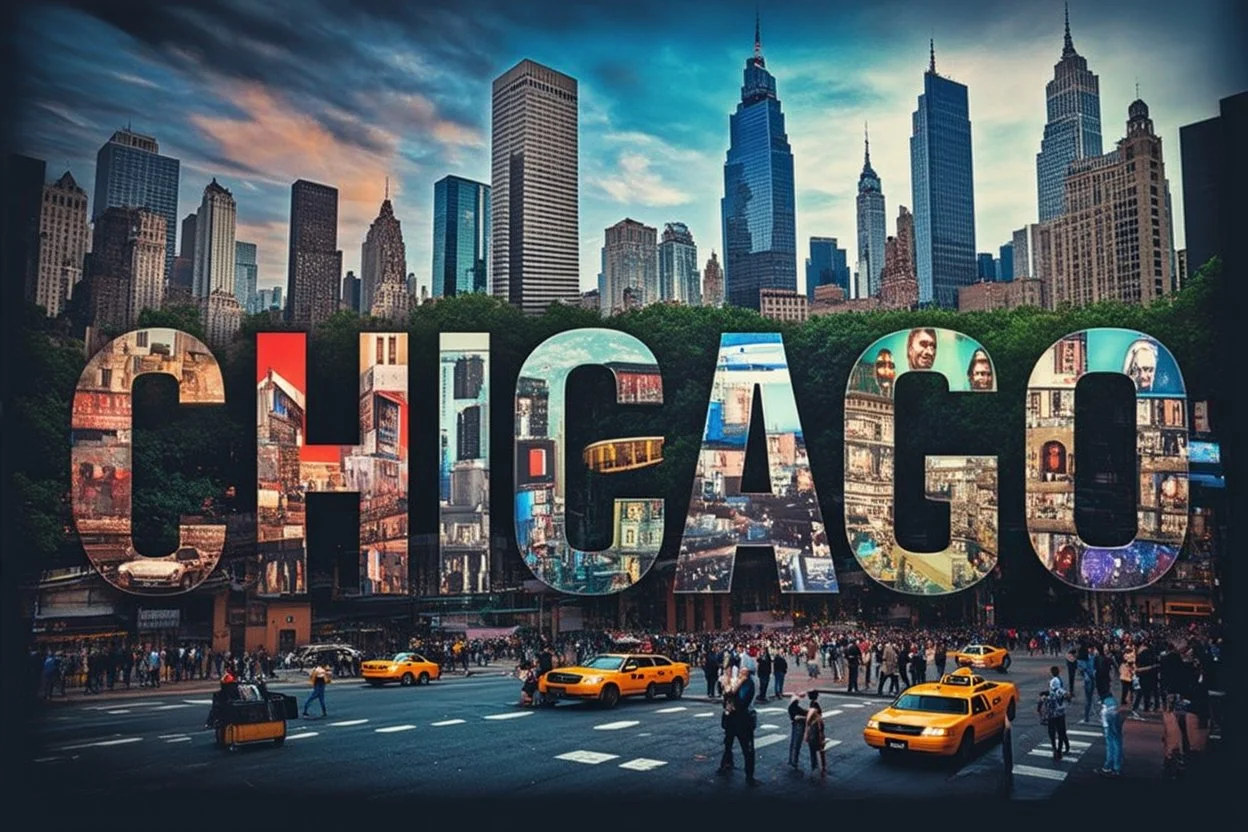 Prompt : A striking high-contrast, cinematic photo-style vertical collage that captures the essence of the City. Each letter of "CHICAGO" is represented by a dynamic and vibrant scene, with different iconic landmarks and moments in time. Grand buildings and Parks dominate the background, while smaller scenes such as bustling street life, yellow taxis, and people performing various activities fill the foreground. The overall mood is energetic and lively, with an emphasis on the vibrant spirit of