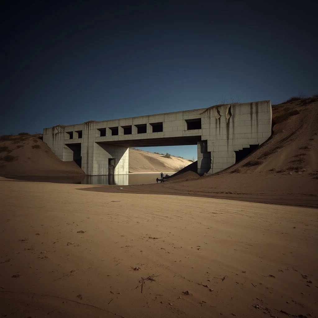 Fotografia di un grande ponte moderno brutalista, che sembra un tugurio, parzialmente sommerso. La struttura è erosa e inglobata dal paesaggio naturale, come se il tempo o l'ambiente avessero iniziato a "riassorbirla". Notte. L'atmosfera è desolata e surreale, con un ambiente circostante spoglio e sabbioso hasselblad h6d400c --ar 85:128 --v 6.0