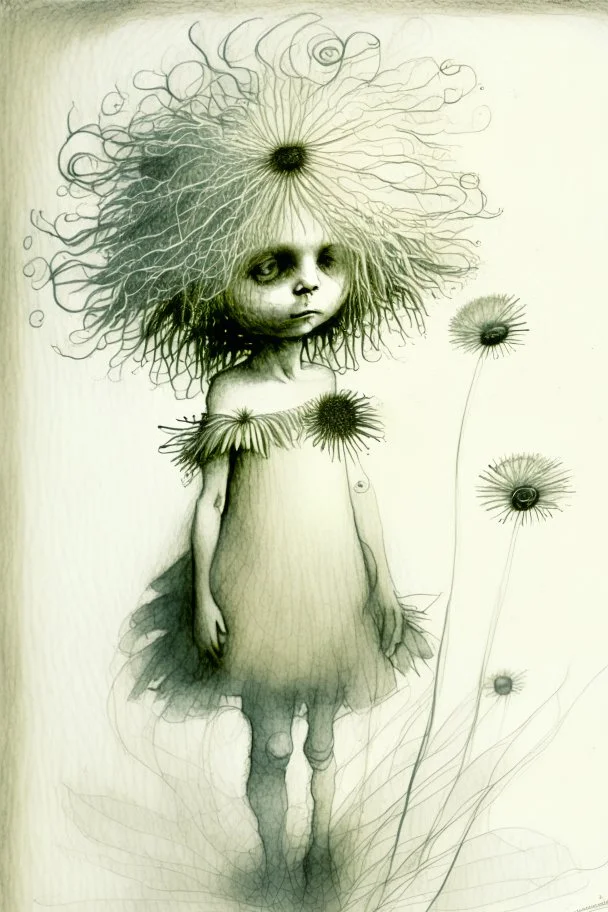 pencil and charcoal sketch of a cute happy little dandelion fairy girl, Mucha inspired emotional nature ephemeral sculptures of Andy Goldsworthy, tiny human form, essence captured as if created by surrealist photographer Noel S Osvald rendered in bright ombre colors, mixed with influences by John Bauer and Tim Burton, faded dark grey background, minimalistic art, with details that reflect advanced rendering techniques that push the drawing's realism even further Modifiers: trending on Artstation