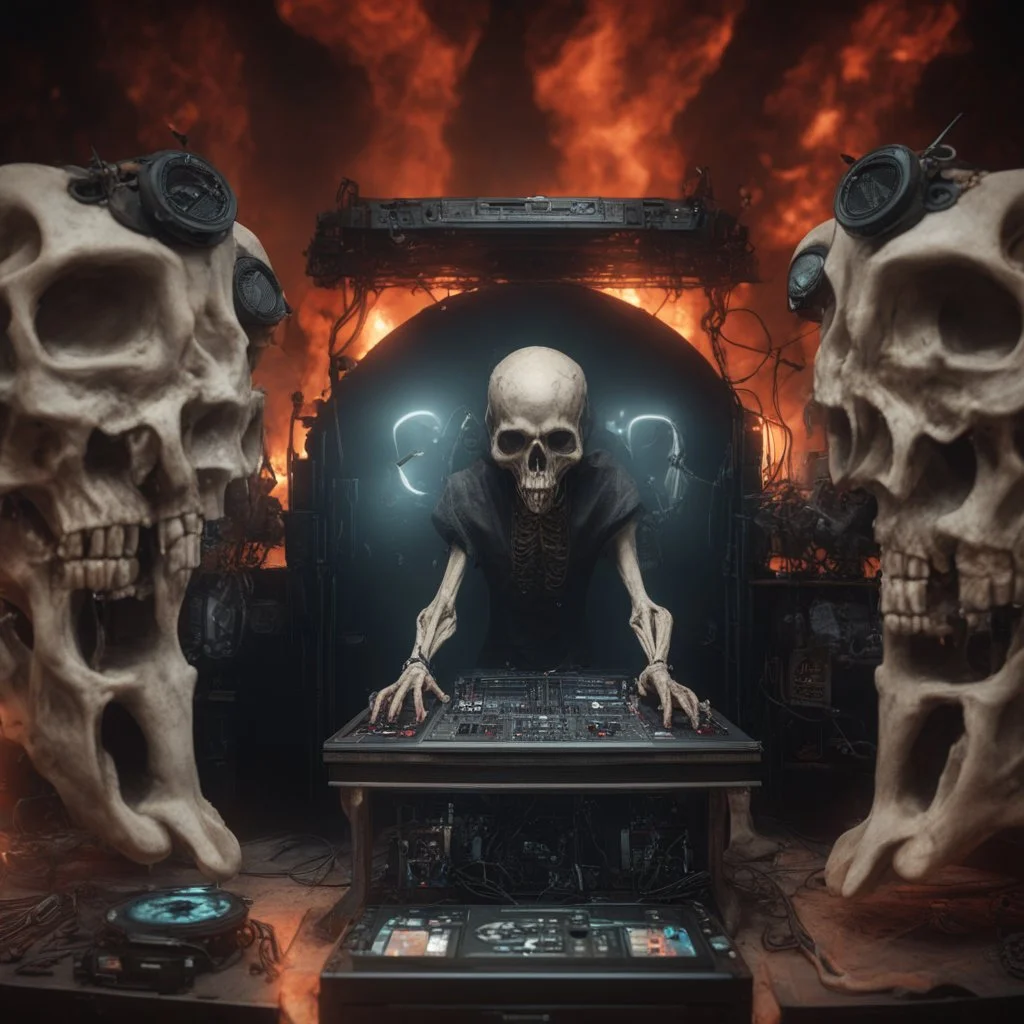 DJ of the damnded, insanely detailed DJ booth in hell, MID set, speakers and equipment made of bone, anatomically correct, add more skulls in th audience, photorealism, vray, 8k 3d