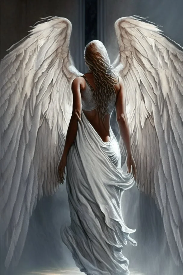 full body woman angel from back wings coming from her back, angel wearing long tunic hyper realistic