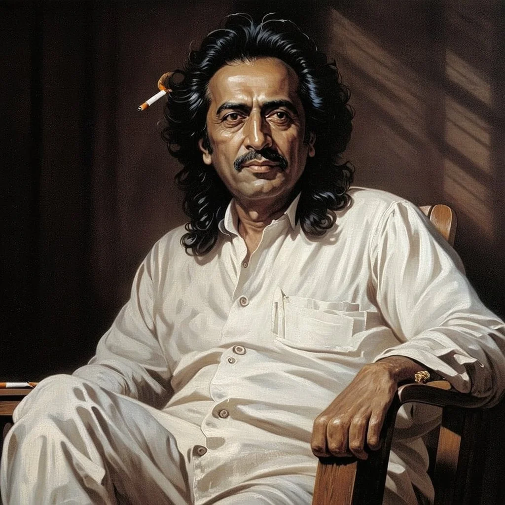 Hyper Realistic Jaun Elia Poet Sitting A Wooden Chair In His Dark Room Writing Poetry With Cigarette In His Other Hand On A Rustic Table With Moonlight Rays coming from Window At Dark Night With Cinematic & Dramatic Ambiance.