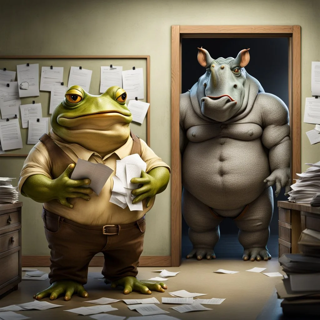 in front the camera be seen up to the waist a fat yellow-green color angry anthropomorphic frog in simple human cloths and take his hands many paper in office, on the wall hang an wall board with some written sheets of paper, behind in background an big strong anthropomorphic gray rhinoceros standing in blue jeans , t-shirt behind in halb open door , dark colors, detailed 3d, sci-fi, fantasy mood