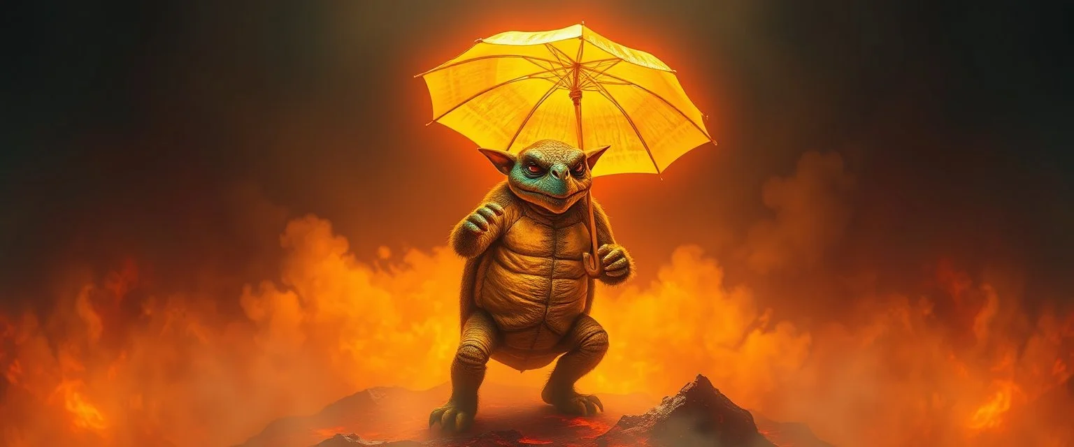 smite by god was the evil furry goblin gremlin turtle man shadow in the neon glow holding a golden umbrella in a pool of smoke and lava in the style of Escher and Giger.