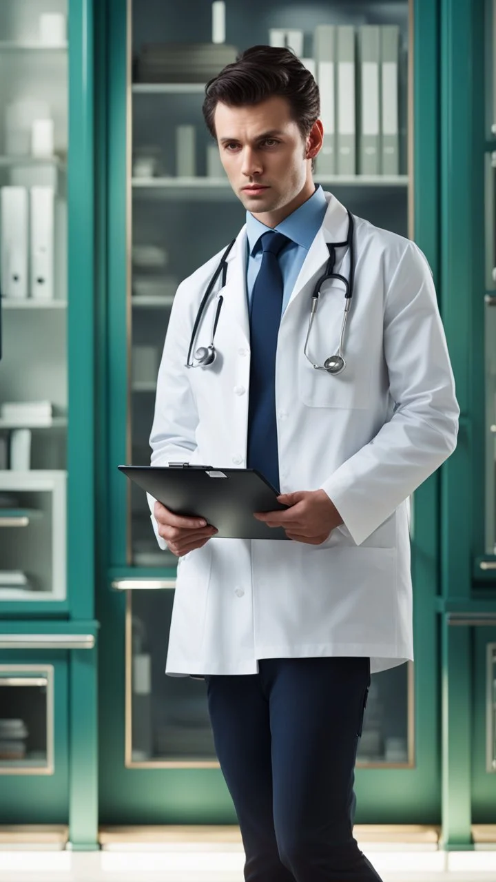 photorealistic hyperdetailed portait of a young doctor holding a clipboard and frowning