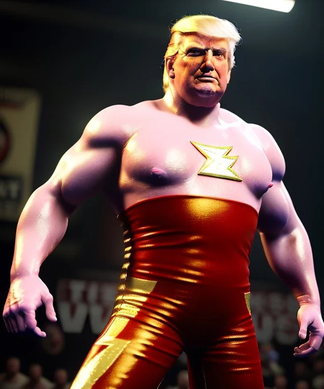 Donald trump wrestler, wrestling, flash lights, naked torso, color breeches, suspenders, retro style, 80s, hot ambient, photo studio, gold, vibrant color, gradient, highly detailed, art stations, concept art, smooth, unreal engine 5, god rays, ray tracing, RTX, lumen lighting, ultra detail, volumetric lighting, 3d, finely drawn, high definition, high resolution.