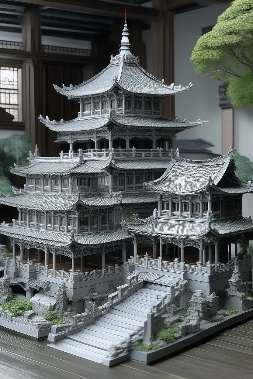 A gray monastery made out if steel painted by Qiu Ying