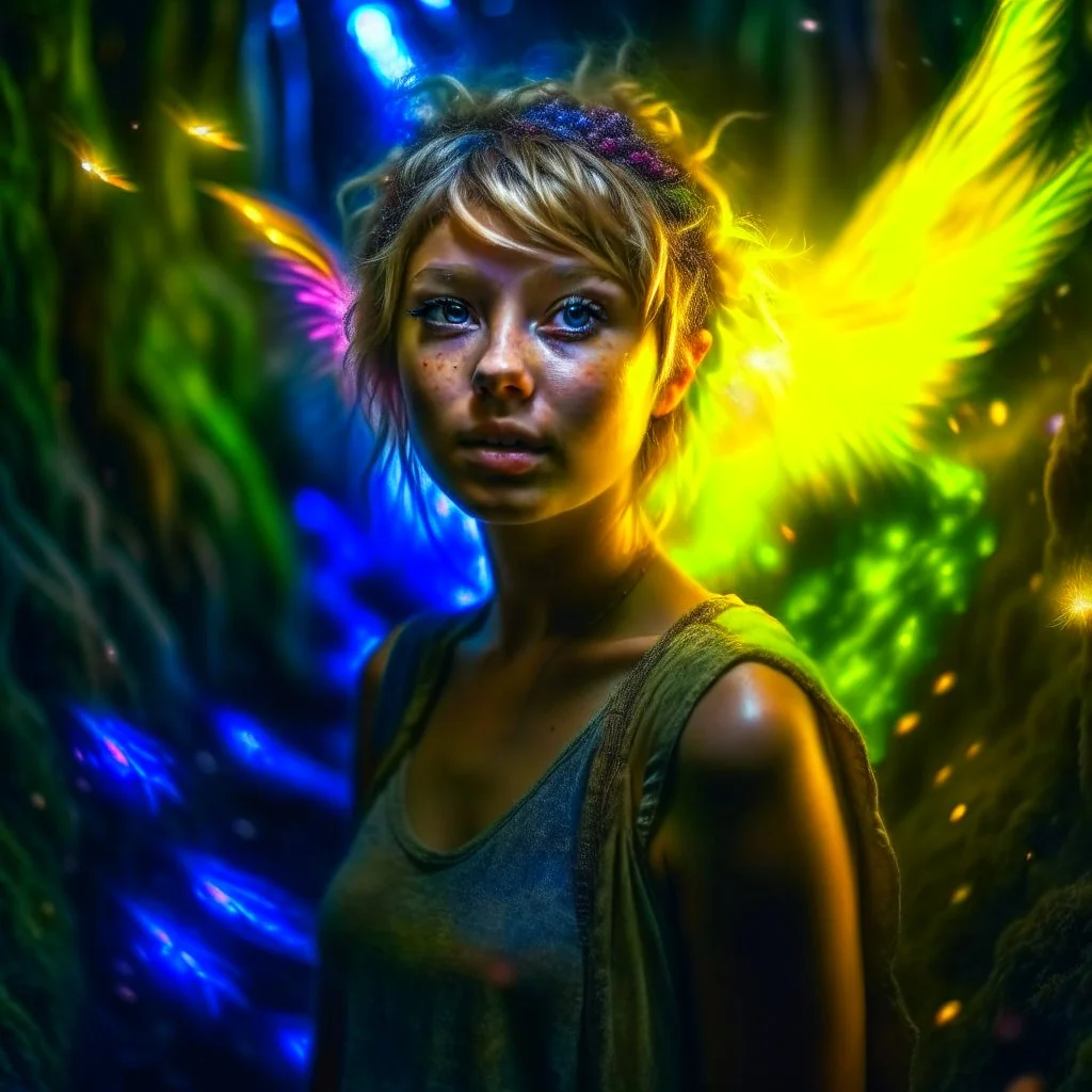 paint splatter, photorealism, a hippie pixie hovering in the underground grove glowing light, in the style of godel, bach, escher, 8k, down-light, soft light, depth of field, photo realism, trending on art station, high detail, smoke and fog