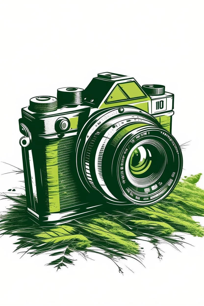 A vintage film camera resting on a moss-covered rock, sunlight filtering through leaves overhead. Style: Retro, Mood: Nostalgic, Lighting: Dappled sunlight, T-shirt design graphic, vector, contour, white background