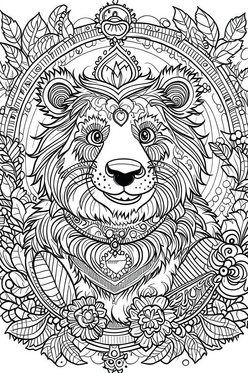 Outline art for coloring page, GYPSY SMILING TEDDY BEAR, coloring page, white background, Sketch style, only use outline, clean line art, white background, no shadows, no shading, no color, clear