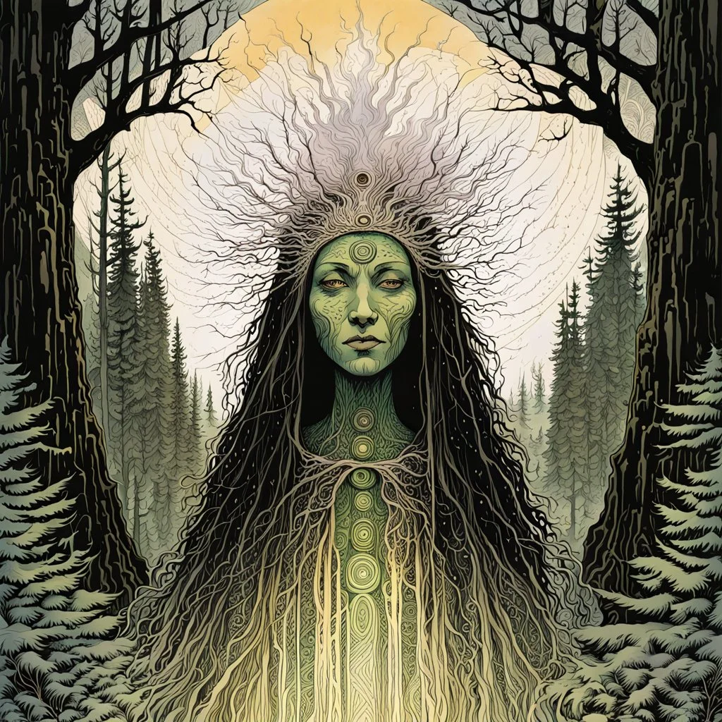 create a symmetric, abstract expressionist lithographic print of a ghostly tribal druid priestess, with highly detailed, delicate feminine facial features, inhabiting a foggy, ethereal Northern forest of ancient hemlocks, in the comic book style of Jean Giraud Moebius, David Hoskins, and Enki Bilal, precisely drawn, sharply defined, boldly inked, in the rich colors of the harvest moon