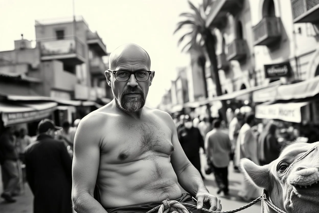man looking like "Walter White" in breaking bad tv show, bald and goatee glasses, with bare chest riding on a camel in a alley Casablanca town, panorama, black and white photo, lot of markets and people in background