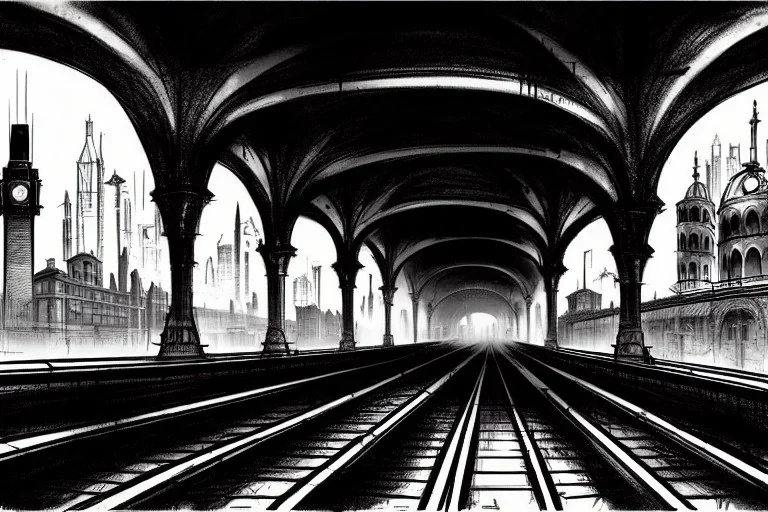 Train under bologna portici+Gothic city+ BioShock+Dishonored+Bloodborne+trieste+Edinburgh+Chicago+victorian London+decòpunk Skyscraper+ +steampunk+biopunk+, croquis architecture, city drawing, perspective drawing, point perspective, architecture croquis drawing