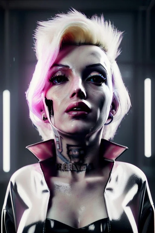 Ultra Realistic image, portrait, blonde woman, sweet Marylin Monroe face, perfect iris, glow eyes, makeup. Cyberpunk style, oversized transparent latex coat, yakuza tattoos. fog, rain, soft color, highly detailed, unreal engine 5, ray tracing, RTX, lumen lighting, ultra detail, volumetric lighting, 3d, finely drawn, high definition, high resolution.