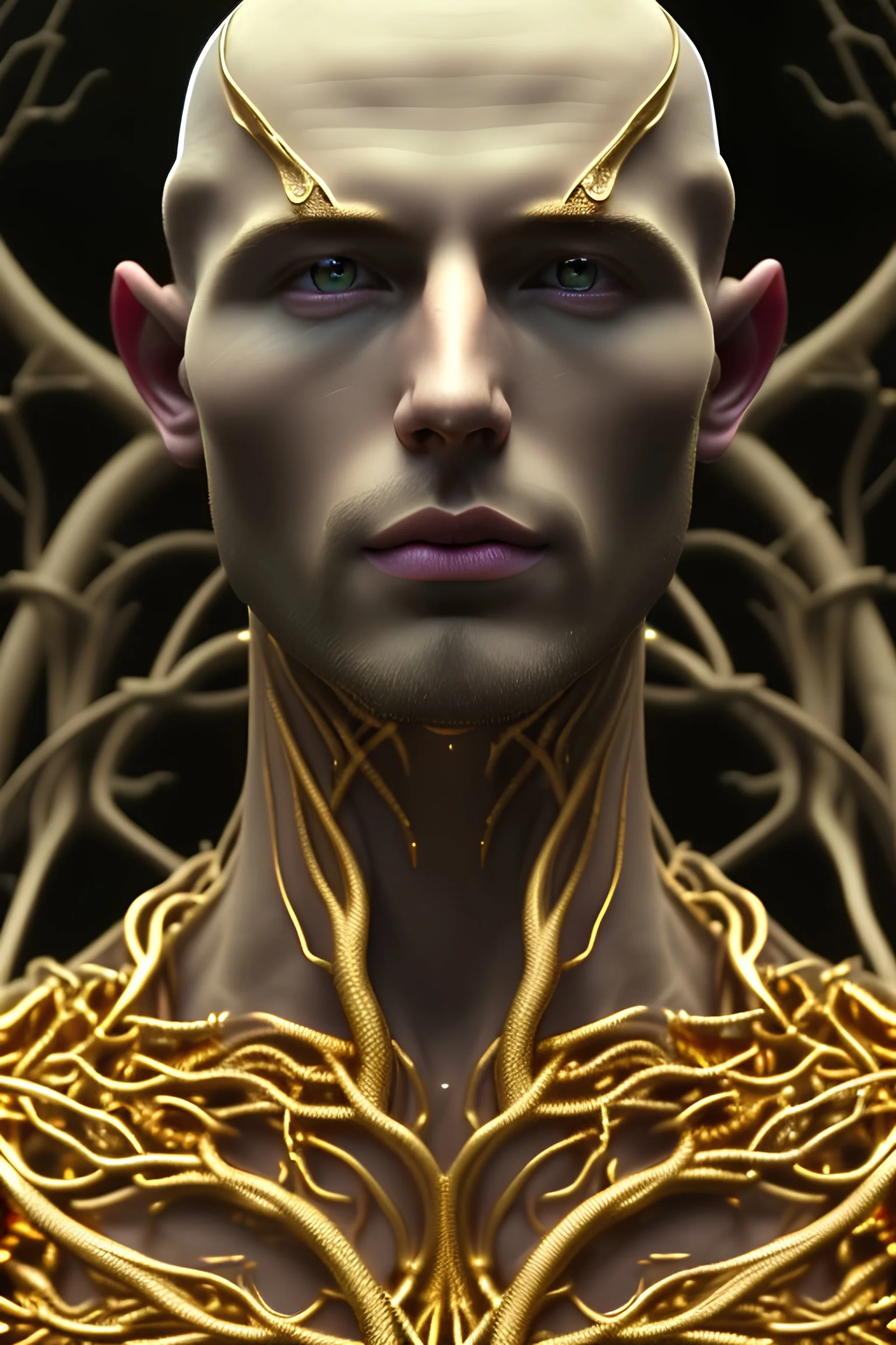 photo realistic youthful male Dryad , handsome, shaved head, bald, cheek bones, dark gold eyes, slim physique, octane render, raised detail, metalics, high resolution, insane details, luminous, shiny 3d intricate filigree bracelets, shiny 3d intricate filigree necklace, raised details, metalics, sparkling, branches, leaves, twigs, shadows, depth of field, 8k