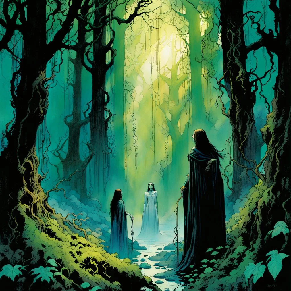 create a wildly conceptual illustration of sorceress coven gathering in an ethereal, otherworldly , darkened, ancient forest draped in hanging moss and climbing vines, in the comic book art style of Bill Sienkiewicz, Mike Mignola, Sparth, and Jean Giraud Moebius, finely drawn, colored and inked, suffused with dramatic natural light and shadow under a midnight blue moon