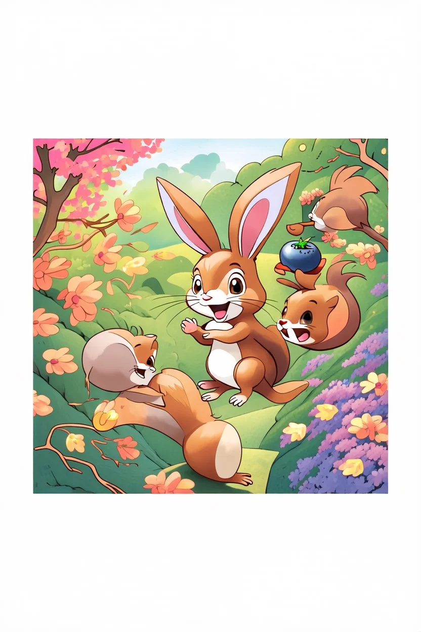 The friendly squirrel holds a blueberry excitingly in the air, the cute bunny and squirrel is laughing, child book illustration style, faces must be the same as reference image