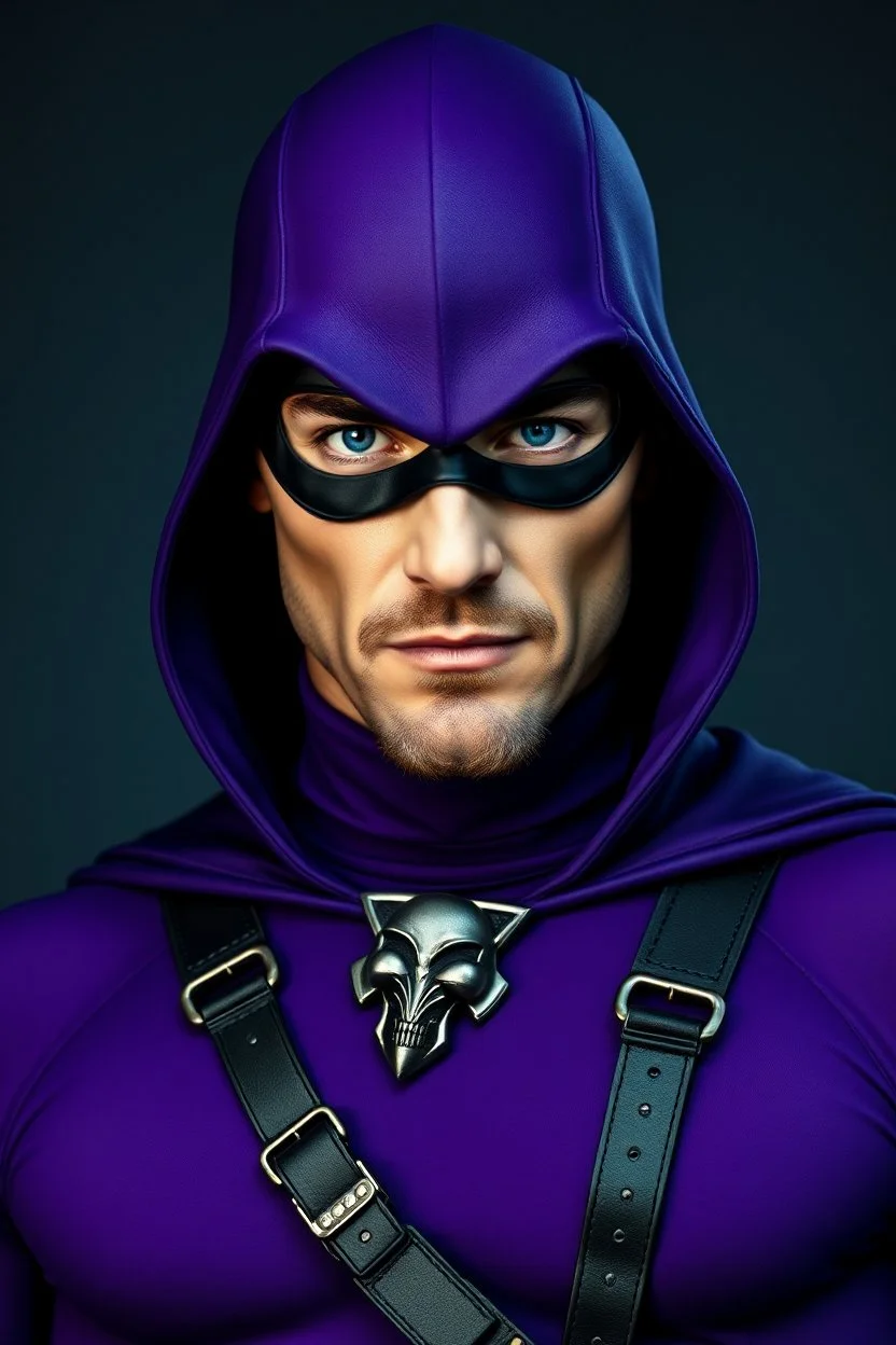 full-length, A portrait of a the Phantom, a man with piercing blue eyes, a chiseled jaw, goatee, timeless face, stern expression, Wearing a skintight formfitting purple cotton hero suit with a skintight cowl with a widows peak that fits tight to his head, but does not cover his face, he wears a thin, black leather, bandit eye disguise over his eyes, black and blue diagonally striped trunks, dual-holstered pistol belt adorned with a triangle skull-shaped buckle with leg straps, knee-high boots