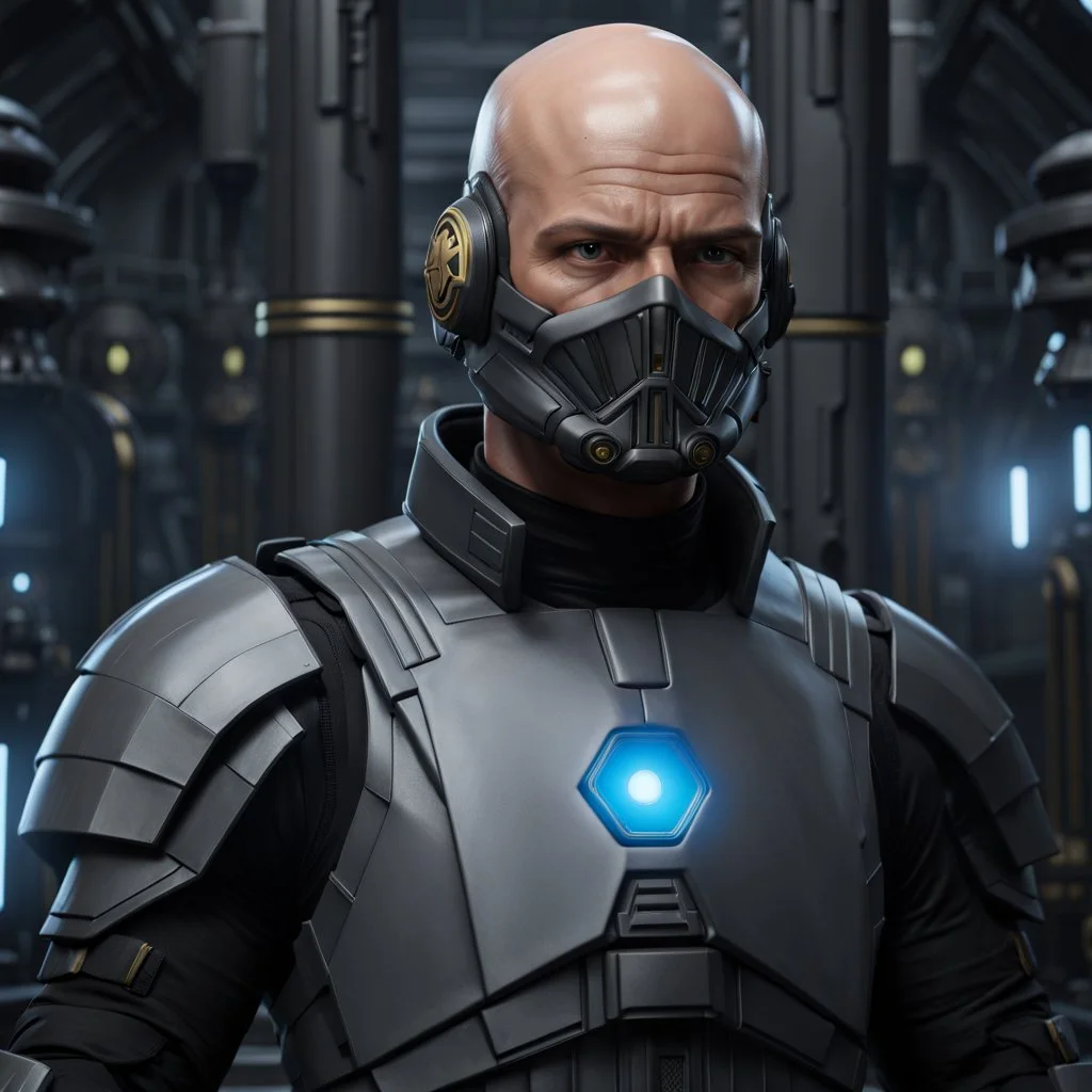 star wars bald male corellian pilot wearing pearlescent black and gunmetal grey First Order special forces heavy assault stealth commando armor and helmet with gold trim inside the jedi temple, hyperdetailed, dynamic lighting, hyperdetailed background, 8k resolution, volumetric lighting, light skin, fully symmetric details