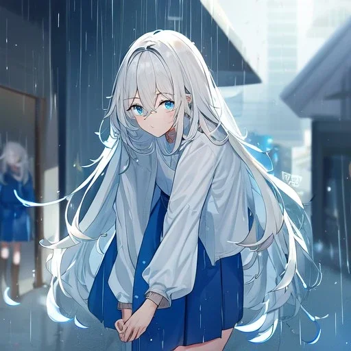 Clear focus, High resolution, Rough line, white long fluffy hair, hair between eyes, blue eyes, wearing a yellow jacket, wearing a white shirt, wearing a blue skirt with a white line near the bottom, wearing black long socks and brown shoes, raining