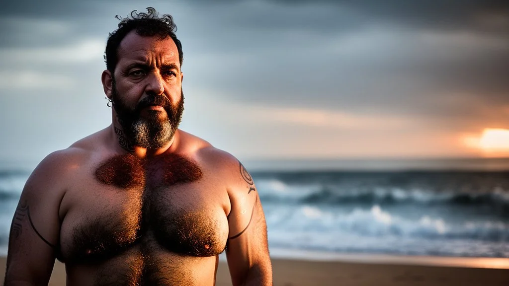 photography of a sicilian baywatcher burly sweat chubby 44 years old , swimwear, manly chest ,tattoo, curly hairs, long beard, sitting on a beach chairs at the beach at midnight , illuminated by bonfire, photorealistic, 8k, Canon EOS, 35mm lens, , unreal engine, greg rutkowski, loish, rhads, beeple, makoto shinkai and lois van baarle, ilya kuvshinov, rossdraws, tom bagshaw, alphonse mucha, global illumination, detailed and intricate environment