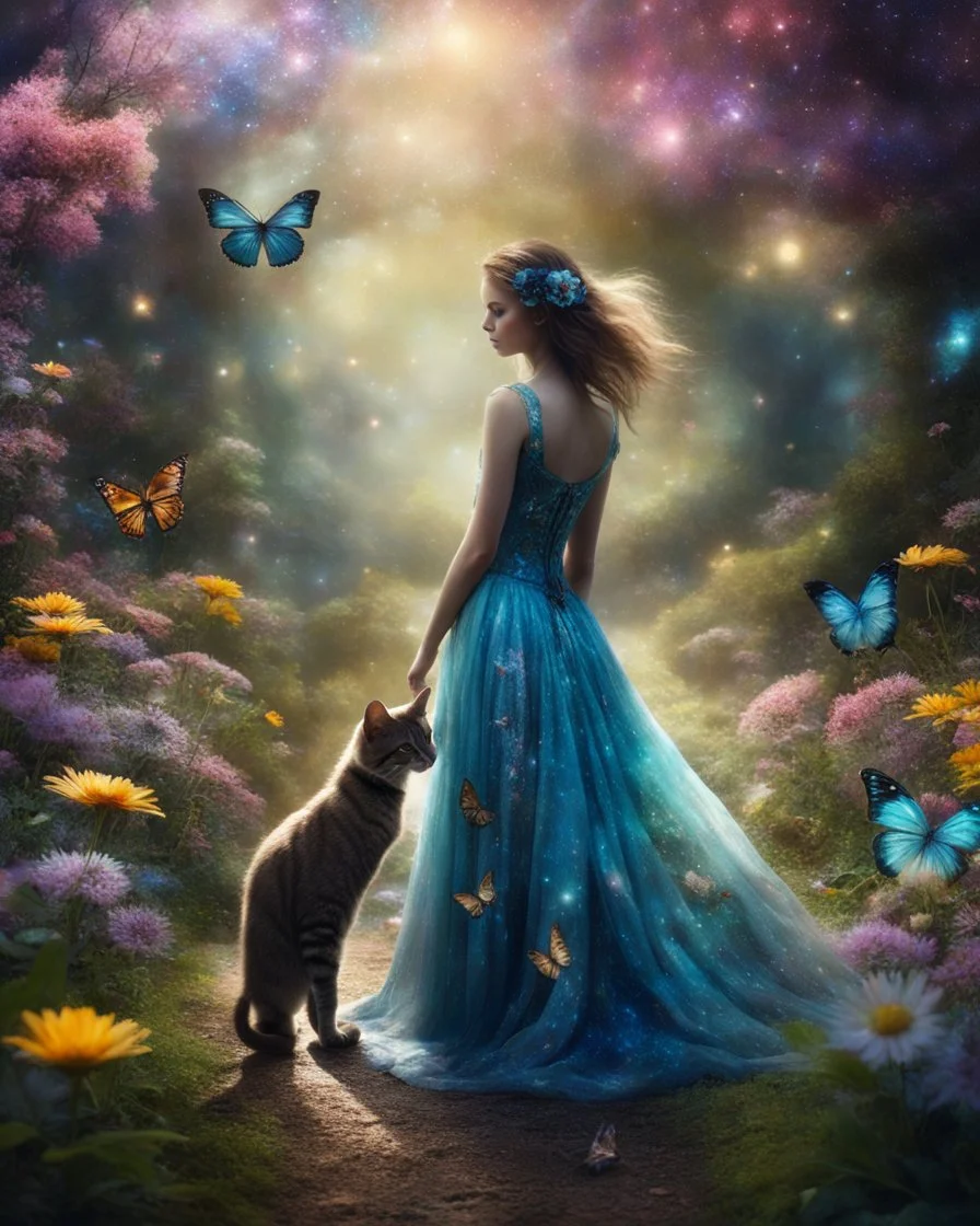 Photography Fantasy art a beautiful a girl and cat, fullbody,wonderland park,butteflies,fully flora and fully fauna.Style : Cosmic space,Detail photo, Digital photography