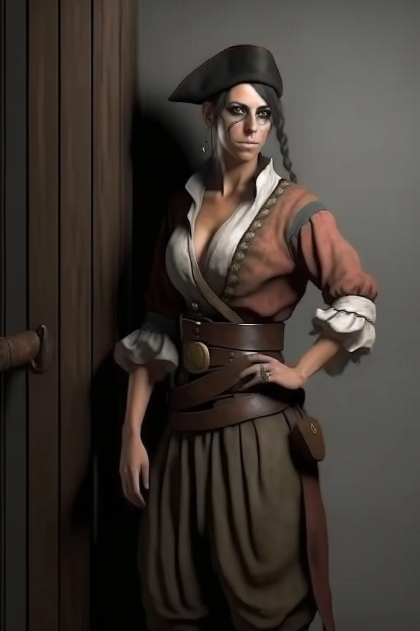 pirate woman with -cut dress leaning against the wall, realistic style, full figure frontal