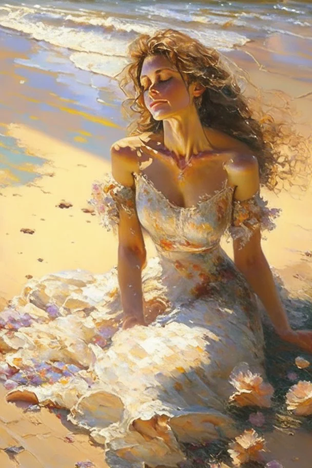 A beautiful happy woman, perfect simmetric face, light brown hair, bare breast and nipples, full body, full figure, lies in the sand next to the sea in romantic floral dress highly detailed intricate pixel art sexy magical sensual Epic patchwork Vicente Romero Redondo in sunshine