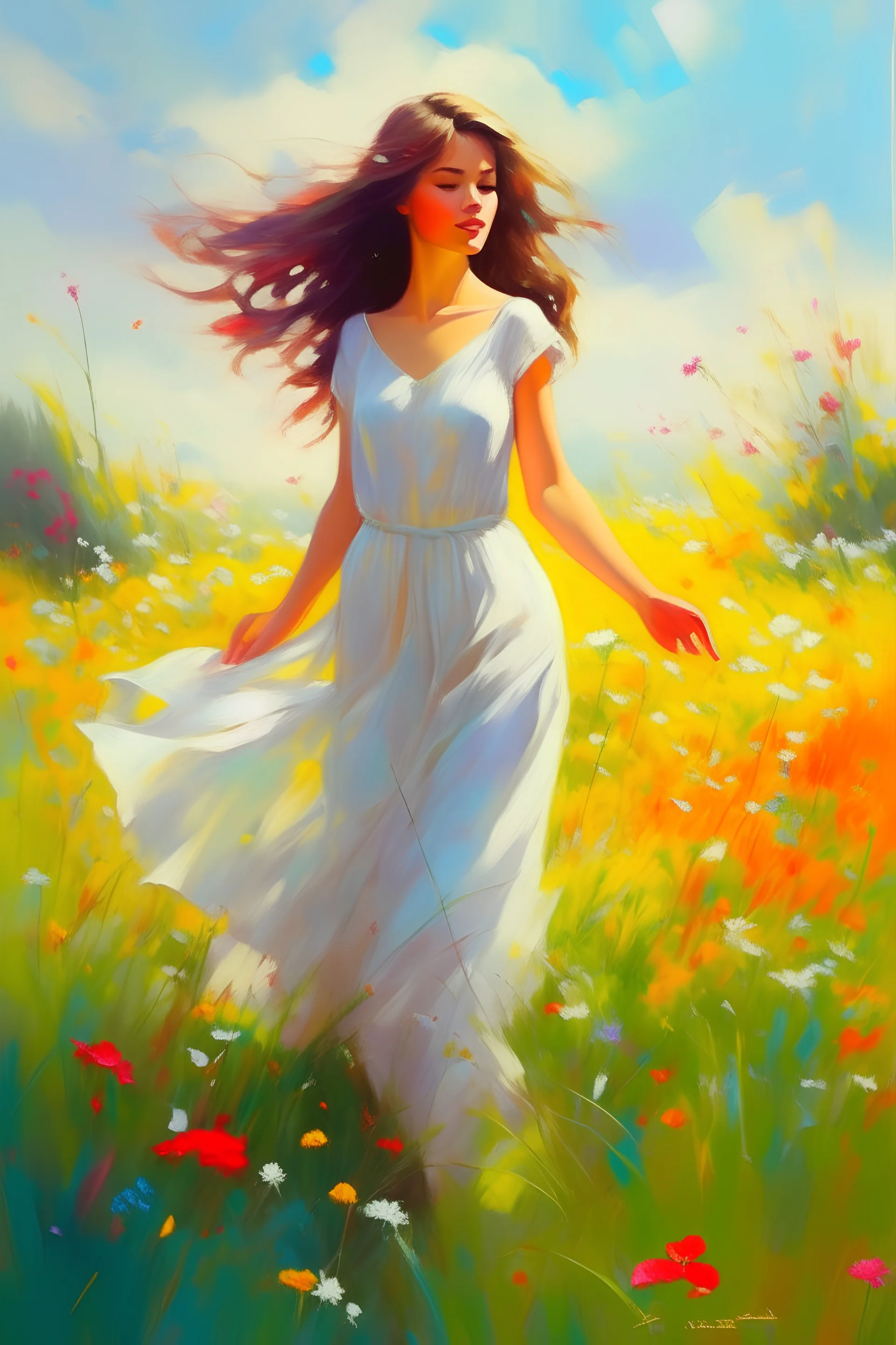 Fantasy illustration, Oil painting style, sunlit meadow with wildflowers flowing in the wind, extremely beautiful girl in a white summer dress standing there enjoying the warmth of the sun, hands playing with the flowers, diorama, playful atmosphere, detailed illustration, beautiful color palette, incredible details, in the style of Leonardo Da Vinci, oil painting, heavy strokes, paint dripping