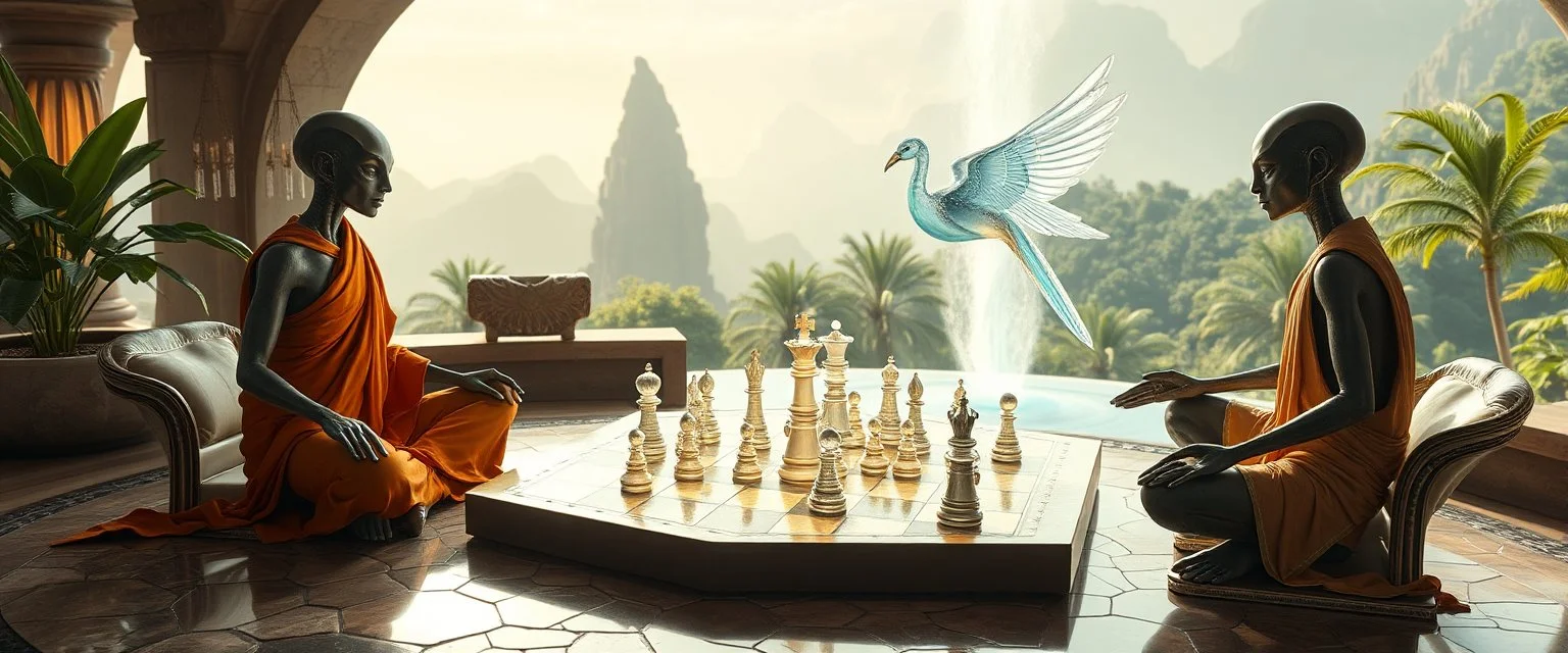 alien levitating yoga monk chess masters playing serious glowing chess on hex map in lounge on beautiful lush planet with huge transparent bird glass pieces in fountain