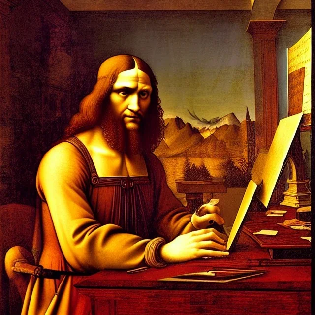 leonardo da vinci works in his study on a laptop at his desk. painting in photoshop. hyperdetailed, warm colors, movie poster, photoillustration, oil on canvas, lens flare