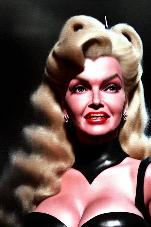 painting of jayne mansfield as evil queen in black leather, angry, stern look, volumetric lighting, particales,highly detailed,cinematic, deep colours,8