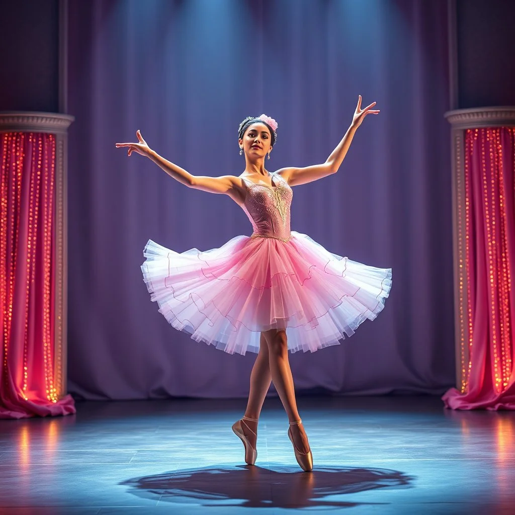create of a beautiful balerina in pretty clothing in a modern cifi stage in her performance cinamatic lights .dancing lambada