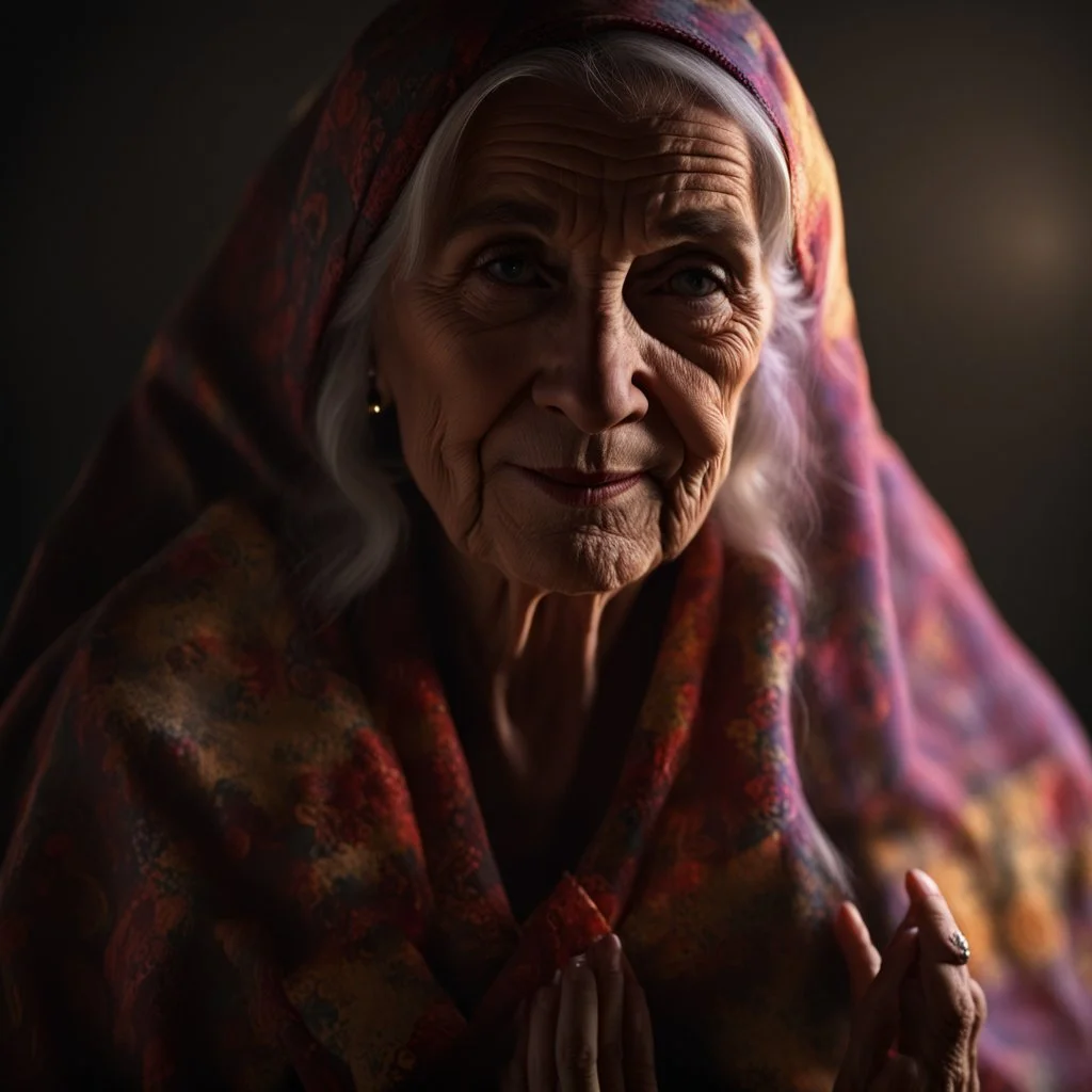 Hyper Realistic Old Female Folk Singer With Dark Studio Background & Dark Lighting