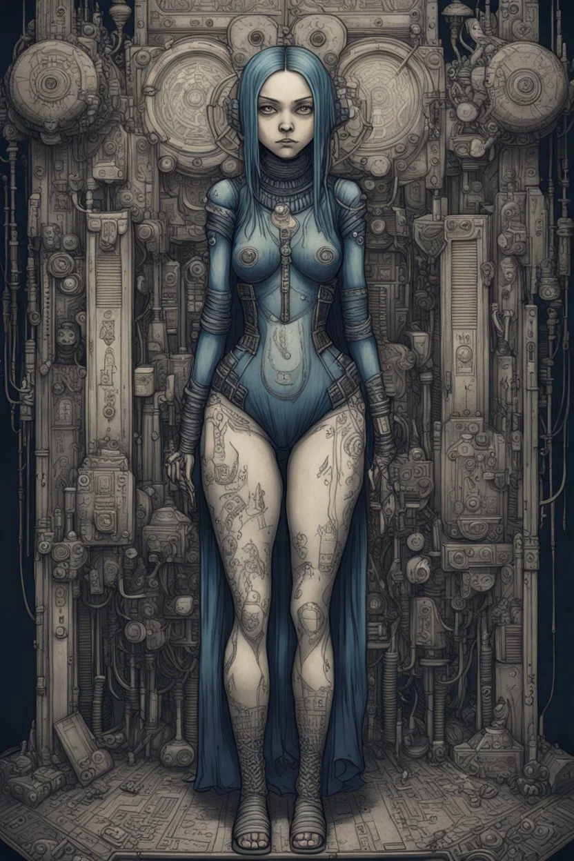 cyberpunk full body, huge girl and petit girl in symetric illustration by <John Kenn Mortensen> <Katsushika Hokusai> darkblue tones, hyperdetailed,