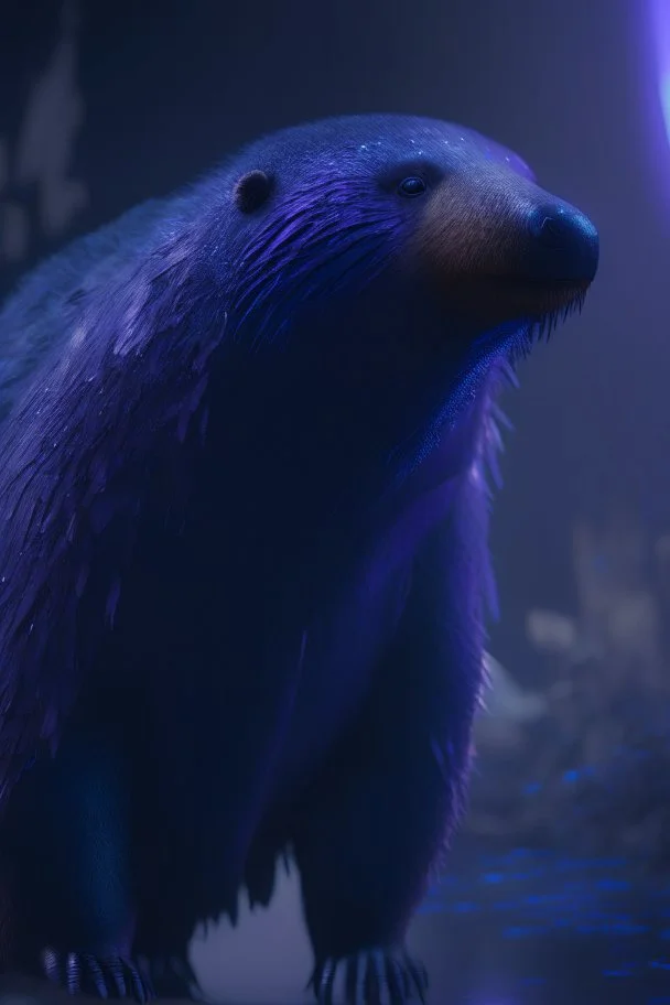 beaver grizzly bear mink anteater vicuna mynah bird,4k, moody cinematic lighting, realistic, highly detailed, blade runner style, blue and purple, highly detailed, conceptual art, volumetric, octane render, unreal engine,