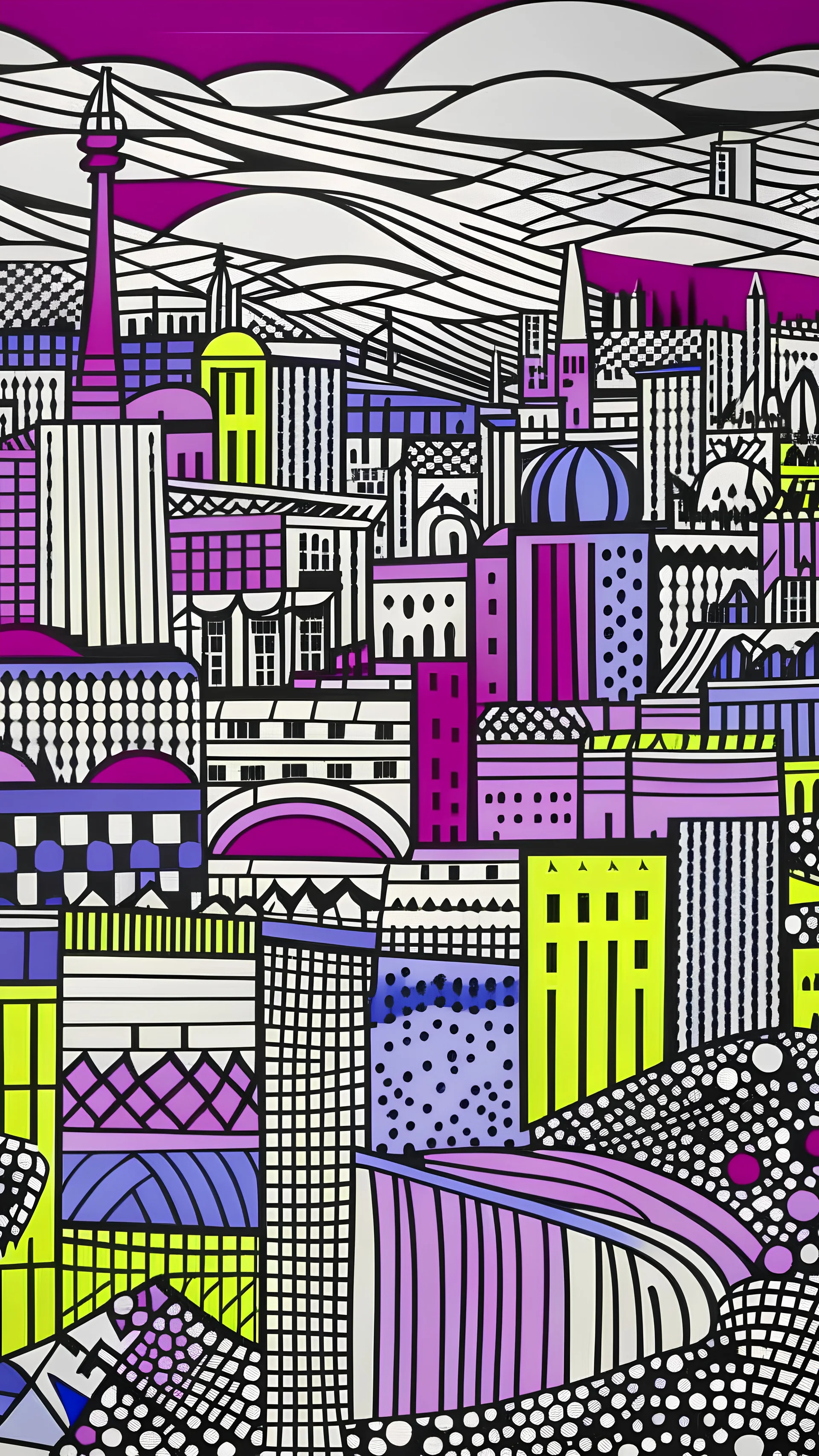 A grayish magenta noisy city designed in Bayeux tapestry painted by Roy Lichtenstein