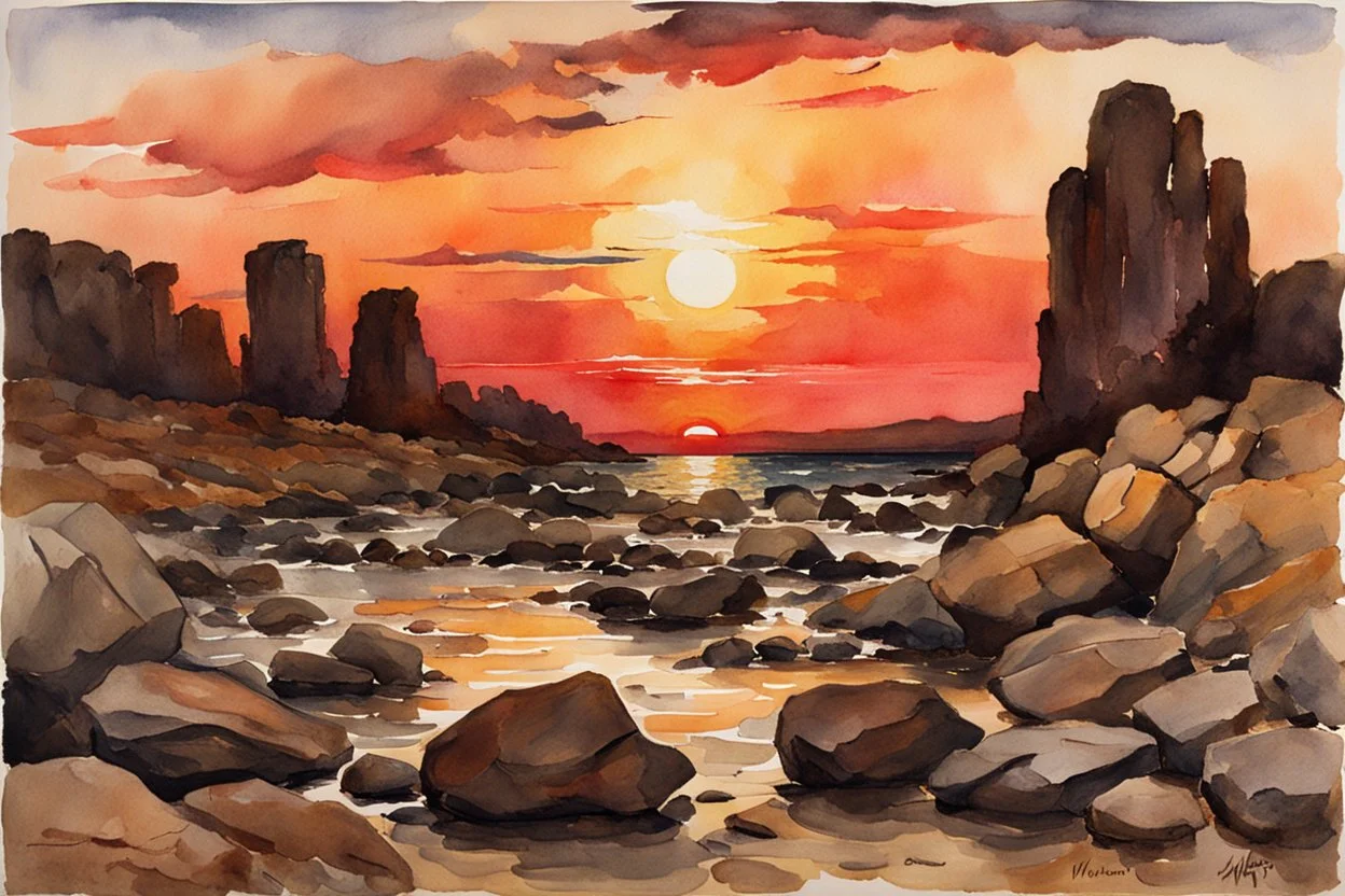 Sunset, rocks, mountains, rocky land, epic, winslow homer watercolor paintings